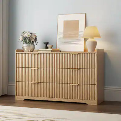 Furnulem - 6 drawer Dresser Wood Wide Chest Of Drawers With Metal Handle