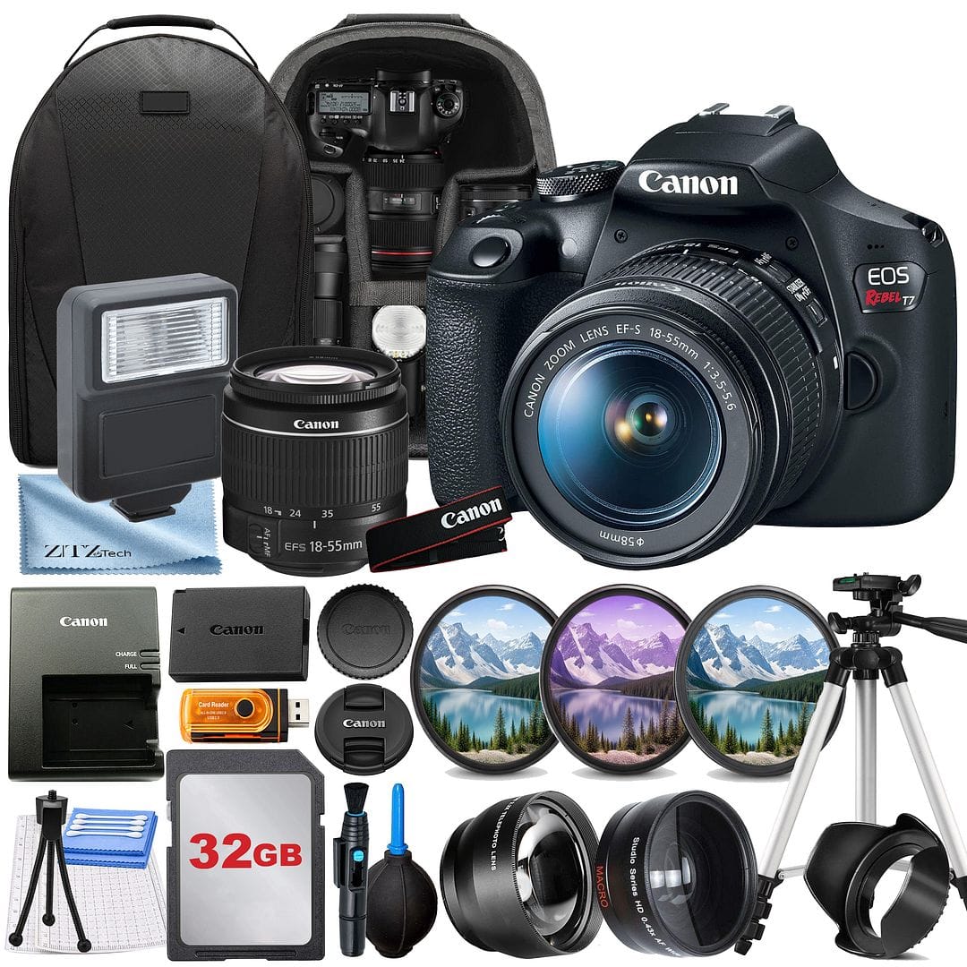 Bundle - Canon - EOS Rebel T7 DSLR Camera with 18-55mm Lens + 32GB Card + Backpack + ZeeTech - Black