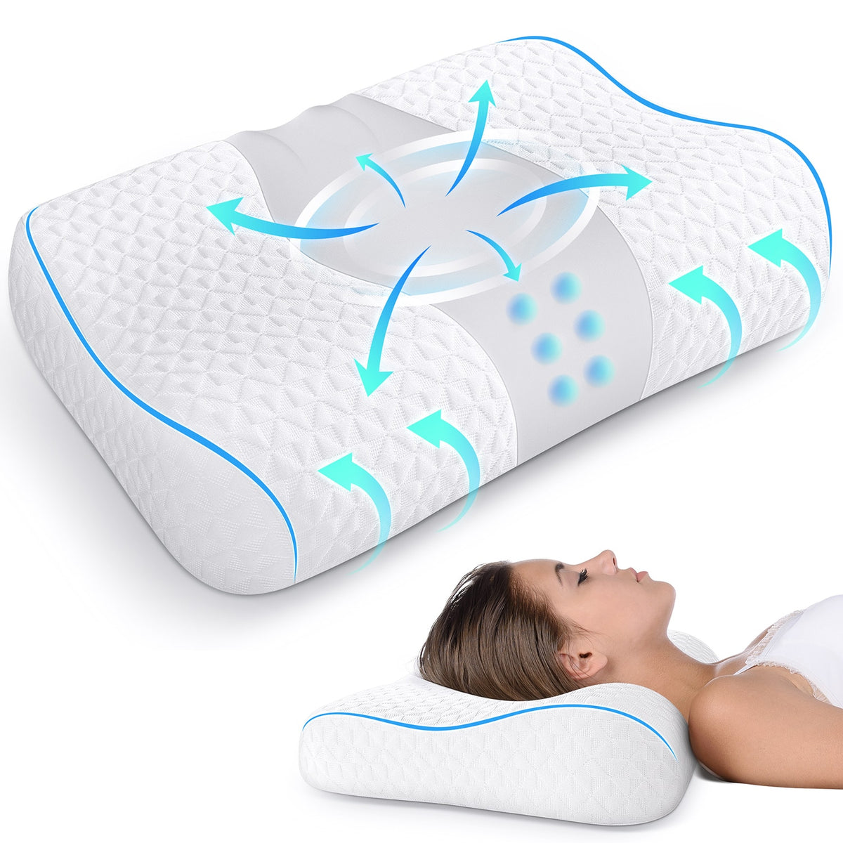 COQOOL - Bed Pillow, Cervical Neck Pillow for Pain Relief, Contour Memory Foam Pillows for Sleeping, Odorless Ergonomic Pillow - Gery