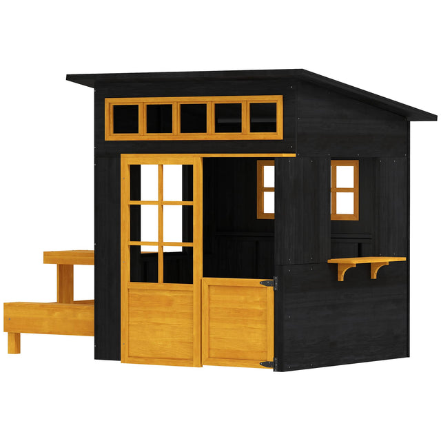 Front. Qaba - Playhouse, Wooden Kids Playhouse w/ Picnic Table & Benches, Chalkboards, Half Door, Windows - Black.
