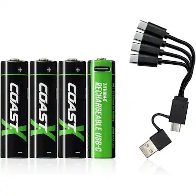 Coast - COAST® AA USB-C Rechargeable Batteries, 1.5V 2400mAh, Fast Charge, Cable Included, 4-Pack, ZITHION-X Lithium