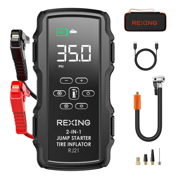 Rexing - 2-in-1 Jump Starter & Tire Inflator, 7200mAh Portable 12V Car Battery Booster with 150 PSI Air Compressor