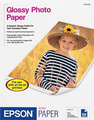 Glossy Photo Paper

A Smooth, Glossy Finish For Your Everyday Photos

- Perfect for reprints and enlargements
- Heavyweight, bright white paper with a glossy photo finish
- For true photographic images with vivid, high-quality color

For use with all ink jet printers

Glossy Paper
8.5" x 11"
94% Opacity
100% Brightness
50 Sheets

EPSON