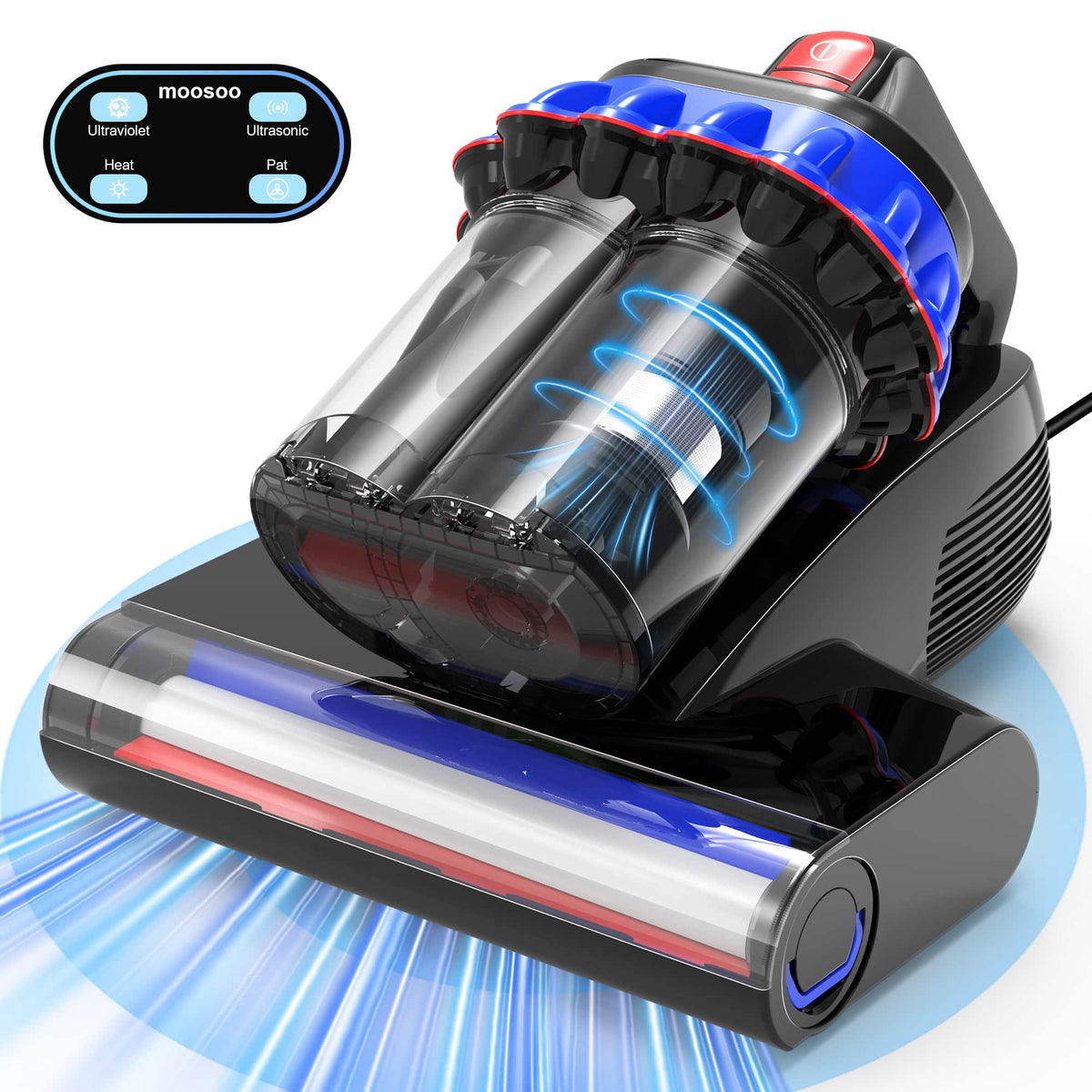 MOOSOO - Mattress Vacuum Cleaner With UV Light, 16Kpa Ultrasonic Bed Vacuum With LED Display, Multiple Filtration Handheld - Black Blue