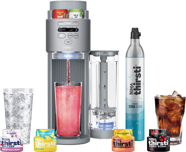 The image features a variety of Thirsti beverages, including a Ninja thirsti soda maker, a Ninja thirsti seltzer, and a Ninja thirsti fruit chill. There are also several cups and bottles of Thirsti drinks, including a sparkling and unsweetened flavor, as well as a caffeine-free peach mango flavor. The image showcases the different options available for Thirsti beverages, catering to various tastes and preferences.