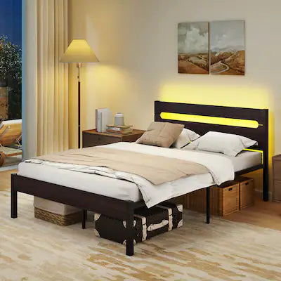 Costway - Full Size Bed Frame with Built-in Charging Station Sturdy Mattress Foundation