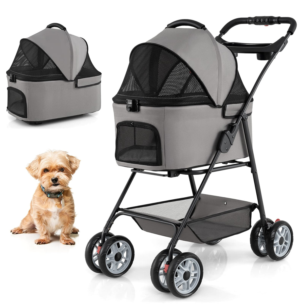 Gymax - 3 in 1 Pet Stroller w/Removable Carrier All-Terrain 4-Wheel Foldable Stroller - Gray