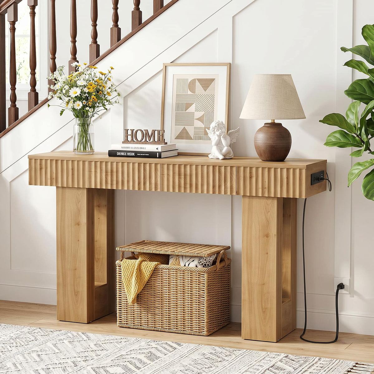 Aheaplus - 47'' Fluted Console Table with 2 Drawers, Narrow Entryway Table with Charging Station for Entryway, Foyer - Nature Oak