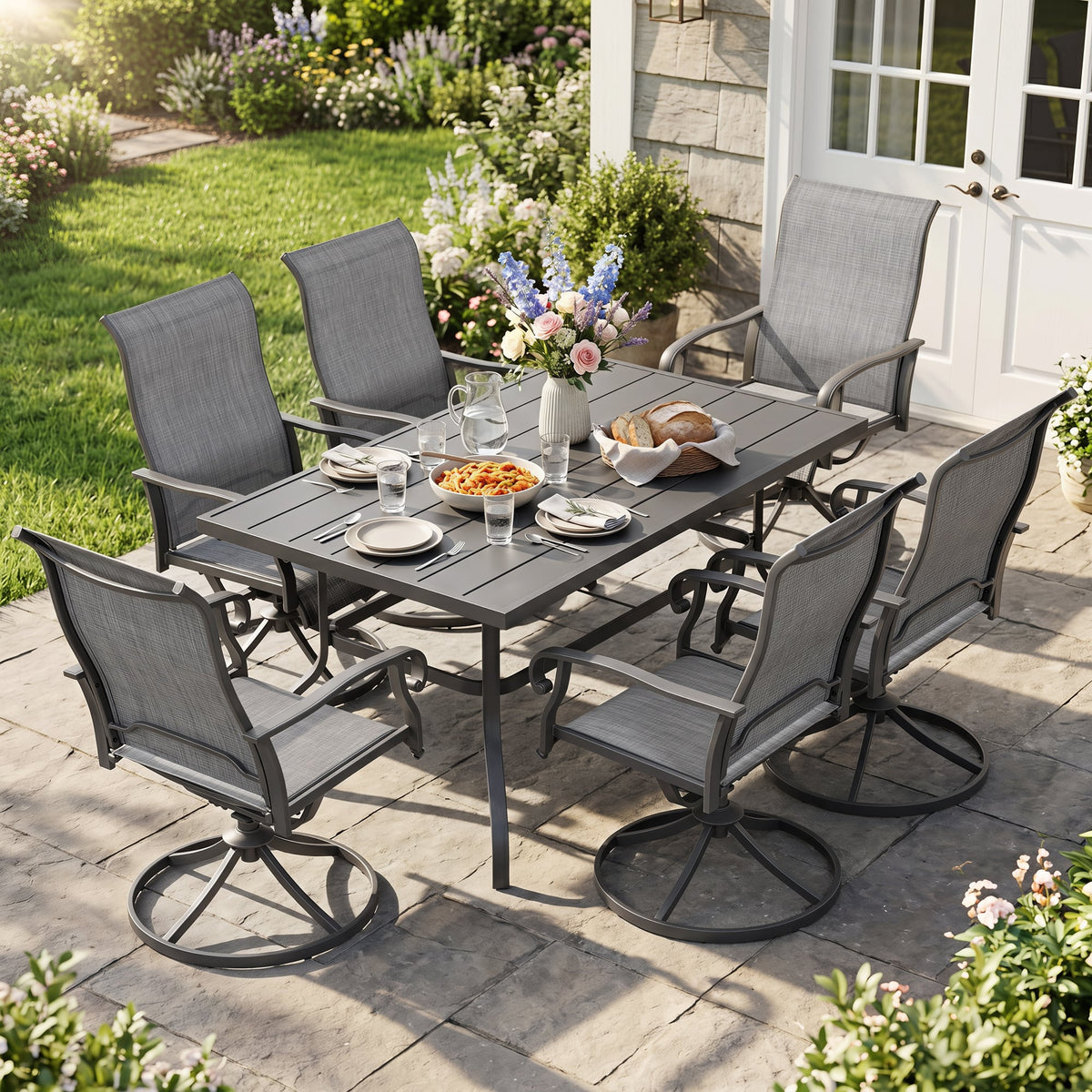Nuu Garden - 7-Piece Outdoor Dining Set with Umbrella Hole, Textilene Swivel Chairs - Gray