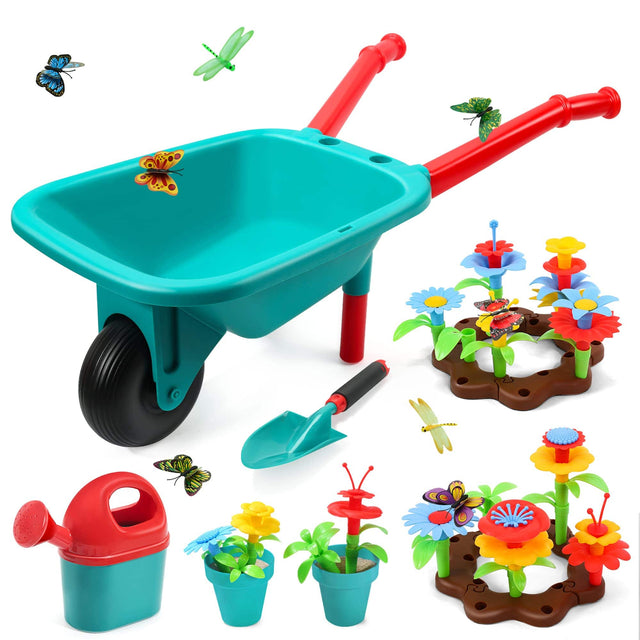 Front. CUTE STONE - CUTE STONE Kids Gardening Tool Set, Flower Garden Toys with Wheelbarrow, Watering Can, Shovel, Gifts for Boys Girls.