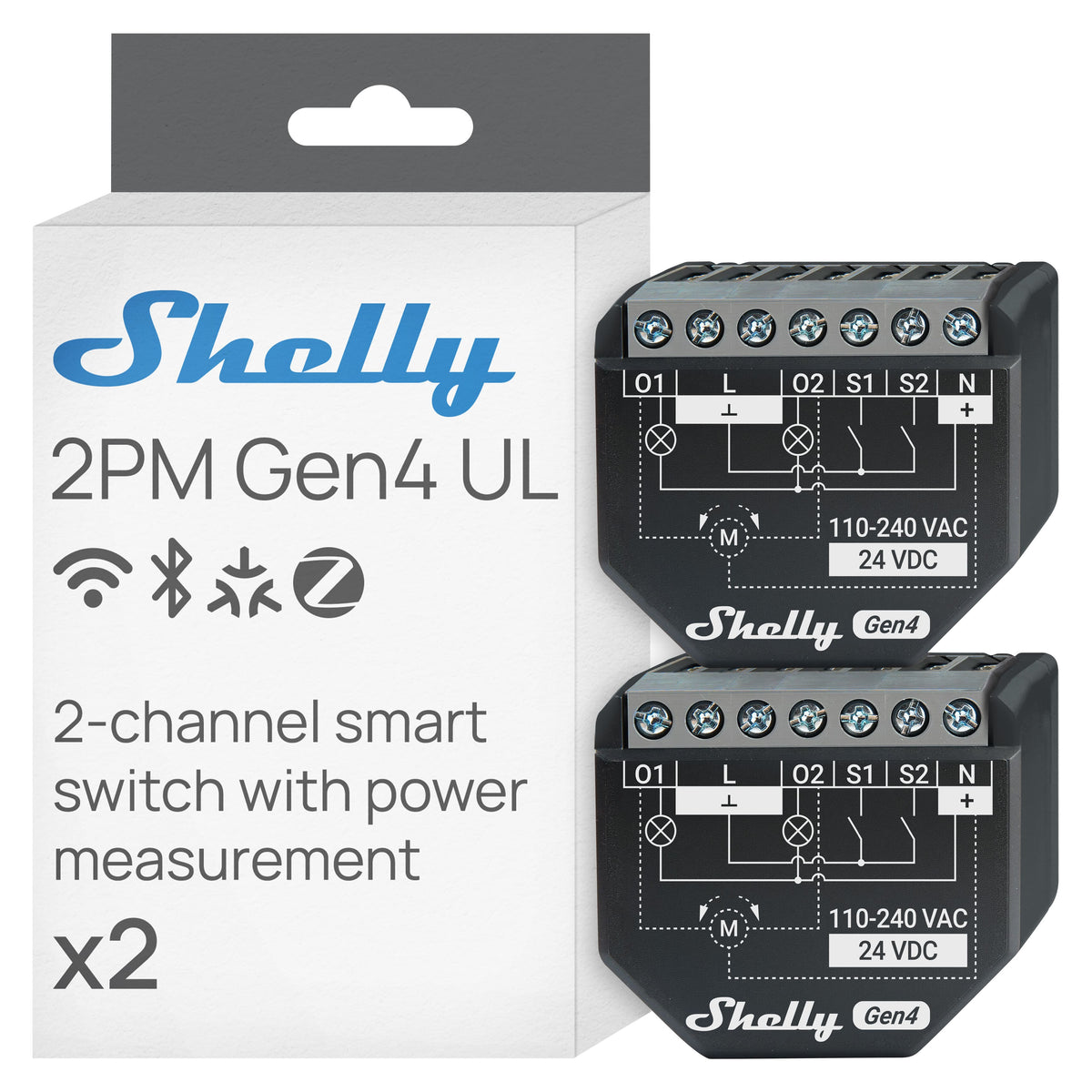 Shelly - 2PM Gen4 UL, Smart 2-channel Relay Switch with Power Metering, Wi-Fi, Matter, Home Automation, No Hub- 2 pack - Black