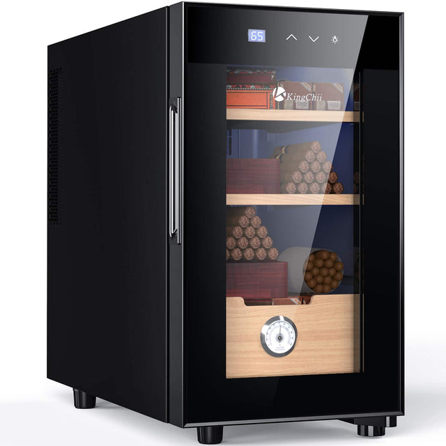 Front. KingChii - 23L Thermoelectric Cigar Humidor Storage Cabinet with Temp Control, Spanish Cedar Shelves and Hygrometer(150 Capacity) - Black.