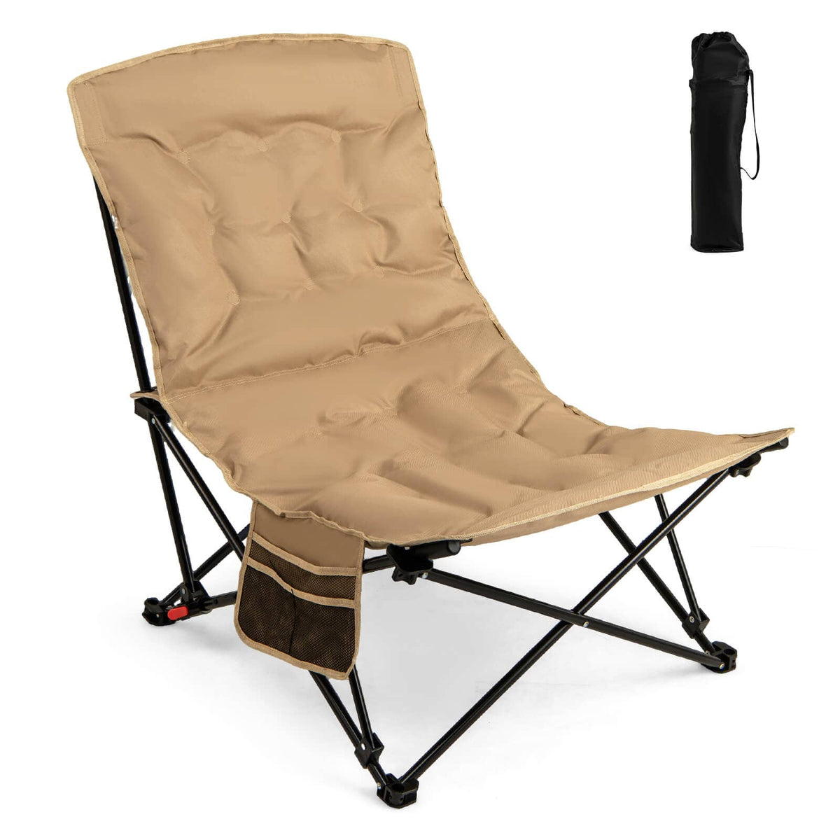 Costway - 1 PCS Portable Folding Camping Chair with 500 LBS Support Side Pocket and Carry Bag - Khaki