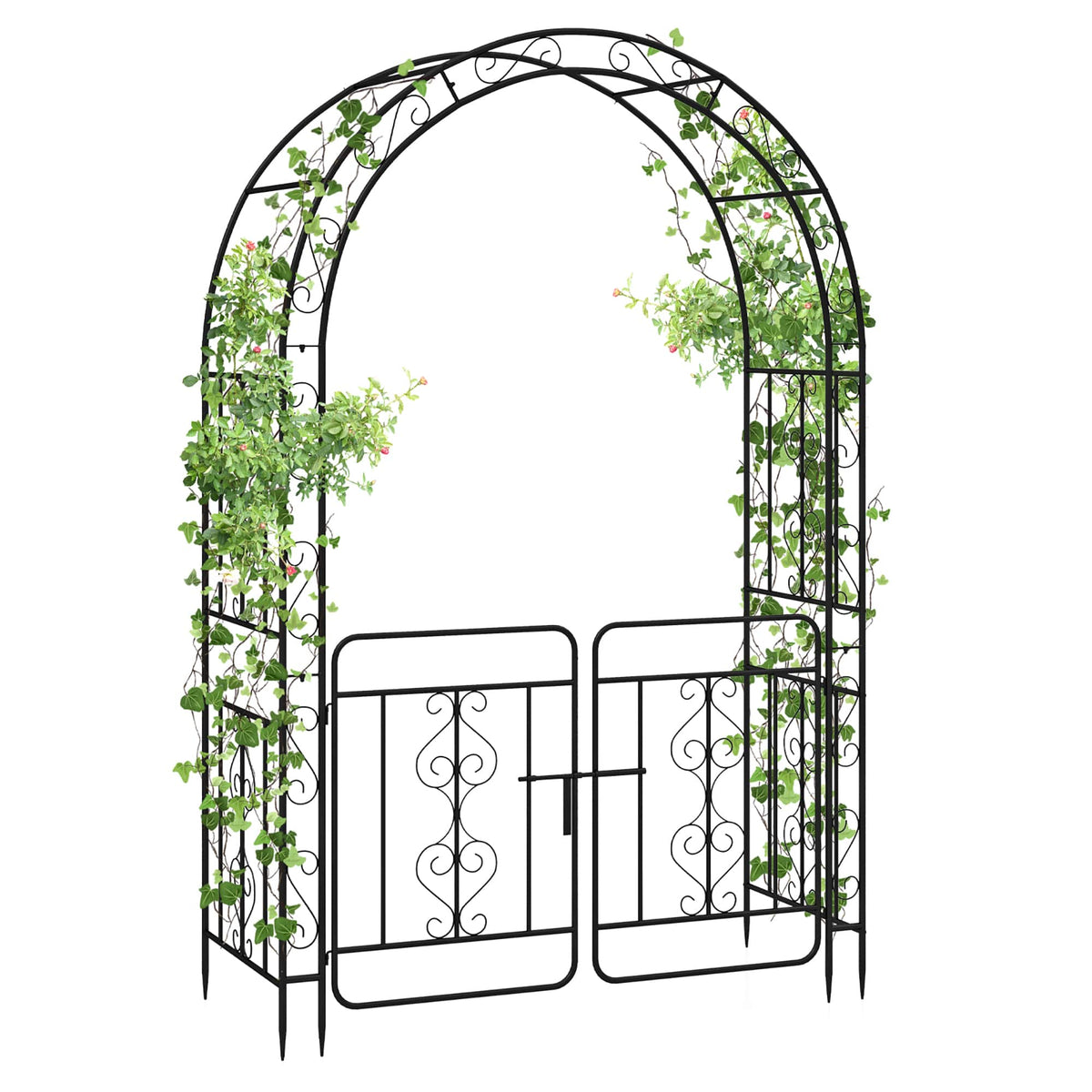 Gymax - 84'' No Dig Arch Trellis Heavy-duty Metal Garden Arbor w/ Lockable Gate - Black