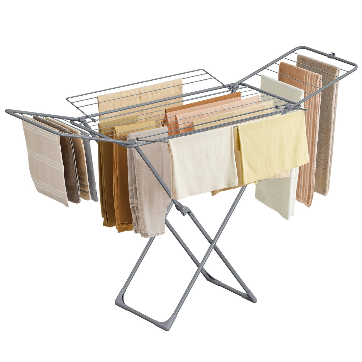Songmics Home - Clothes Drying Rack, Metal Laundry Drying Rack, Foldable, Space-Saving, Free-Standing Airer, with 4 Gullwings - Gray