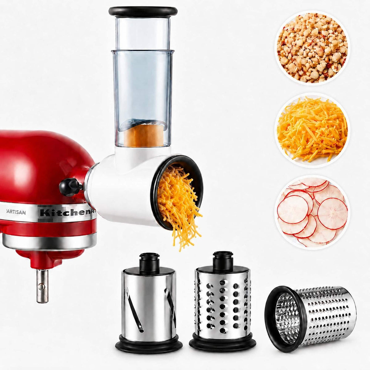 Gvode - Cheese Grater & Slicer Shredder Attachment, Compatible with KitchenAid®, All Steel, 4 Blades - Blue