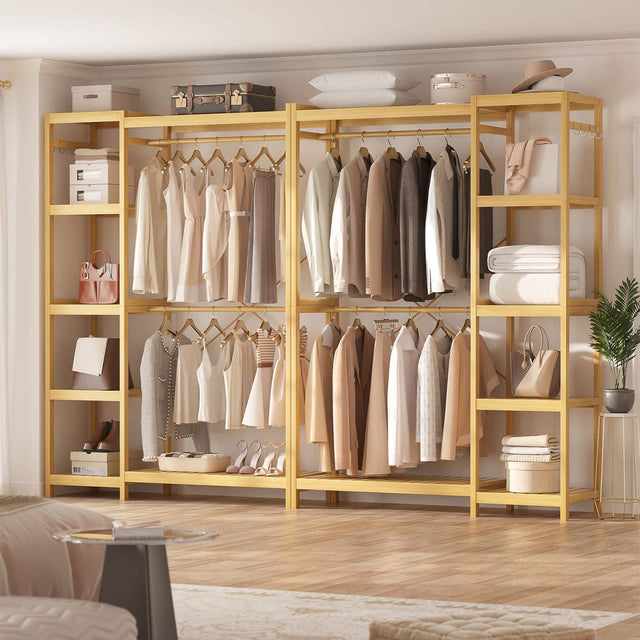 Front. Aheaplus - 2-Piece Bamboo Closet System, Freestanding Garment Rack with Adjustable Shelves & Hooks - Natural.