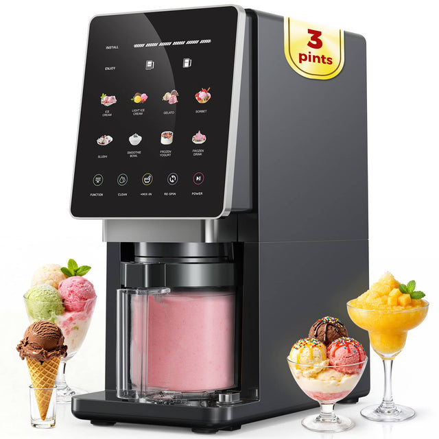 INITIAL ENJOY  
3 pints  

- INSTALL  
- ENJOY  
- ICE CREAM  
- LEMONADE  
- GELATO  
- SORBET  
- SUSHI  
- SMOOTHIE  
- FROZEN YOGURT  
- FROZEN DRINK  
- FUNCTION  
- CLEAN  
- MIX-IN  
- RE-SPIN  
- POWER  

3 pints
