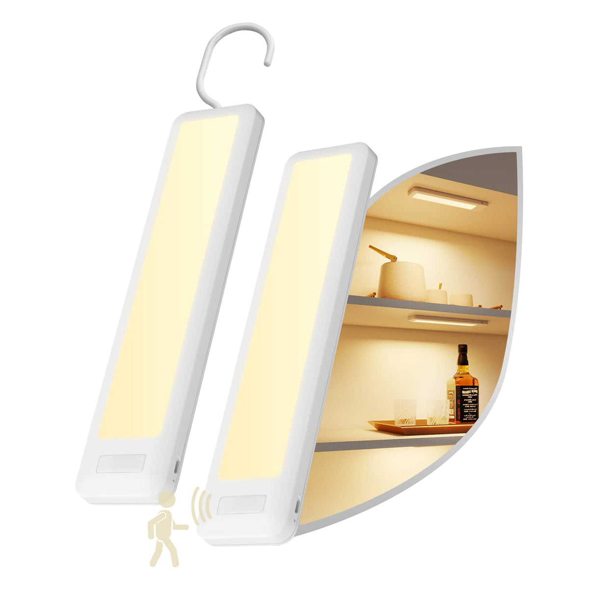 Dawnrise - 2 Pack 8 inch Rechargeable Warm White Integrated LED Under Cabinet Lights with Hook