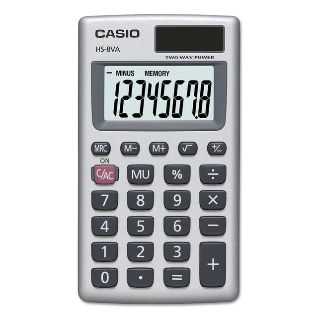 CASIO HS-8VA  
TWO WAY POWER  
MINUS MEMORY  
12345678  
MRC M- M+ MU % ÷  
ON/C/AC  
7 8 9 ×  
4 5 6 -  
1 2 3 +  
0 . =
