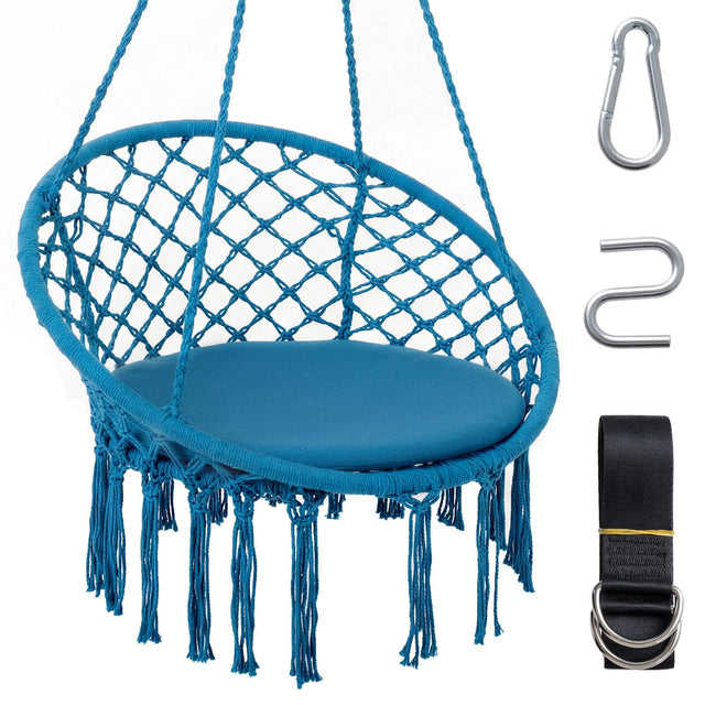 Front. Costway - Costway Swing Chair, Hammock Chair with Round Seat Cushion, Indoor & Outdoor Boho Chair - Blue.