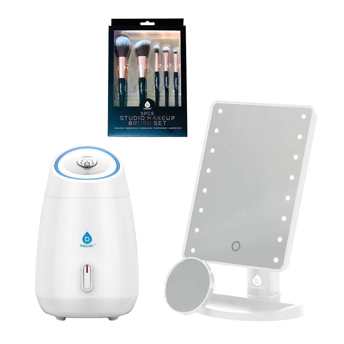 Pursonic - Glow & Go Beauty Bundle with LED Vanity Mirror, Facial Steamer & 5-Piece Brush Set - Multicolor