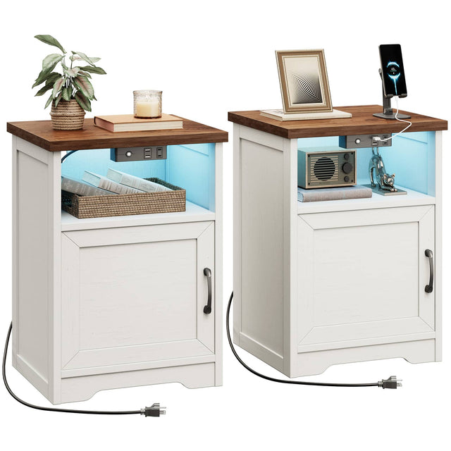 Front. AODK - Farmhouse Nightstand with Charging Station & LED Lights, End Tables with Storage & Open Shelf（Set of 2） - Walnut+white.
