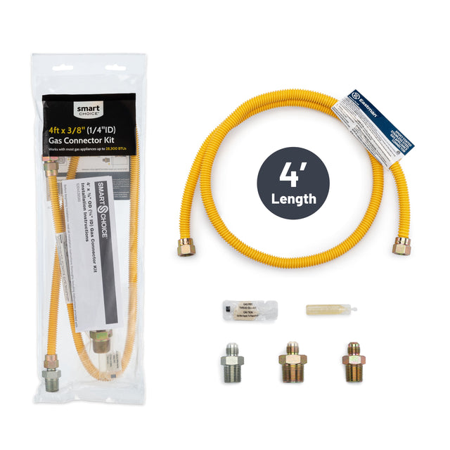 smart CHOICE 4ft X 3/8" (1/4"ID) Gas Connector Kit Works with most gas appliances up to 28,300 BTUs - mocecences 4 - - - - 1565018 2200020000 x SMART www.al-aile.com RESTRINS Installation 3/8" - OD Installarings (3/4) read Instructions ID) CHOICE as Gas INSTANMIAN Connector natructions Kit Overnughly Deposing instructions provided

4' Length AM THROKS The ** - blasted

Eastman GAS SPOZY CONNECTOR COATED

TROLLE