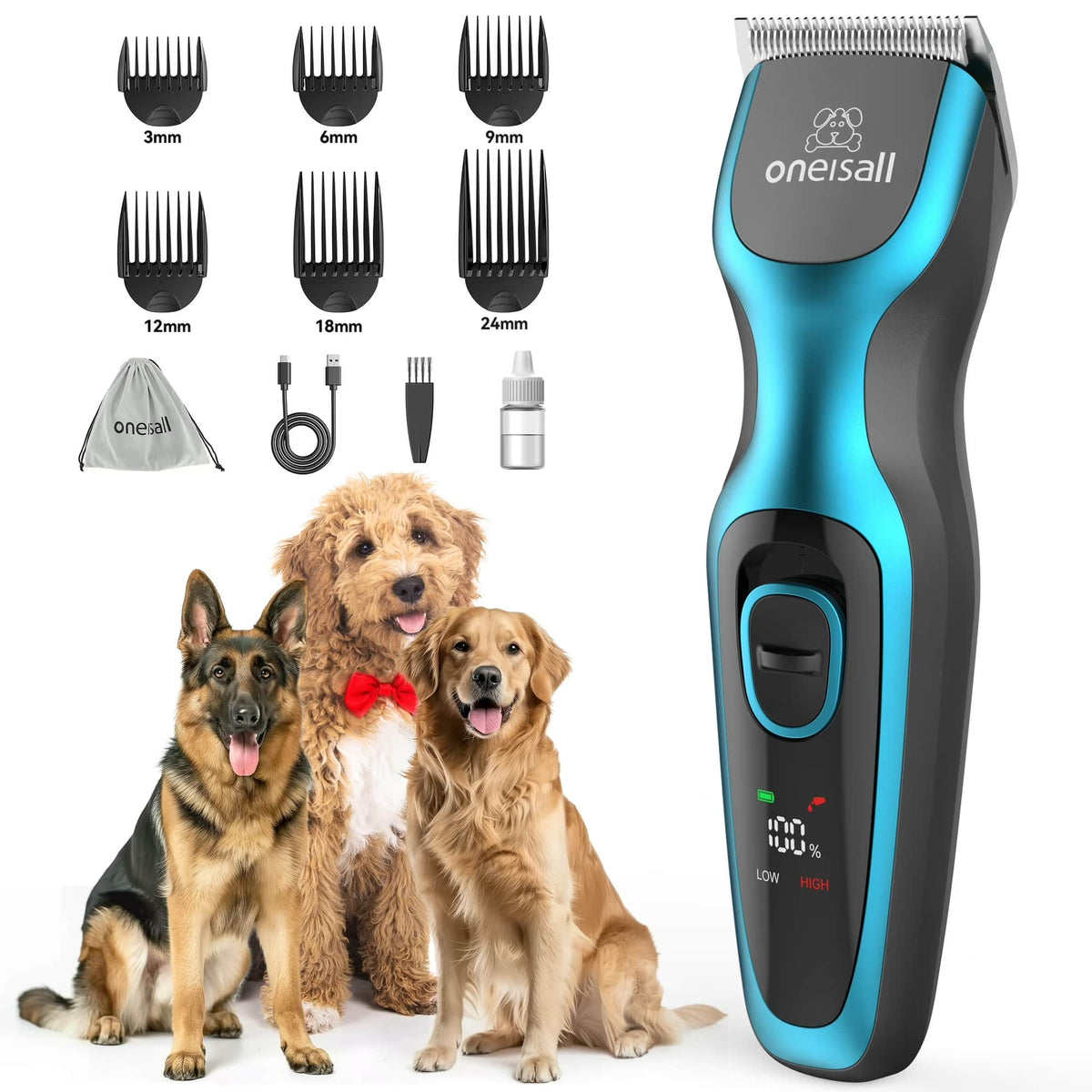 Oneisall - 2000mAh Wireless Dog Clipper Paw Trimmer For Full Body Grooming Tool With Adjustable Speed,LED Screen,6 Combs,1 Pouch