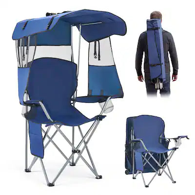 VEVOR - Camping Chair with Canopy Shade, Folding Beach Chair with Canopy & Magazine Pocket, 2 Cup Holders, 330 lbs Heavy Duty