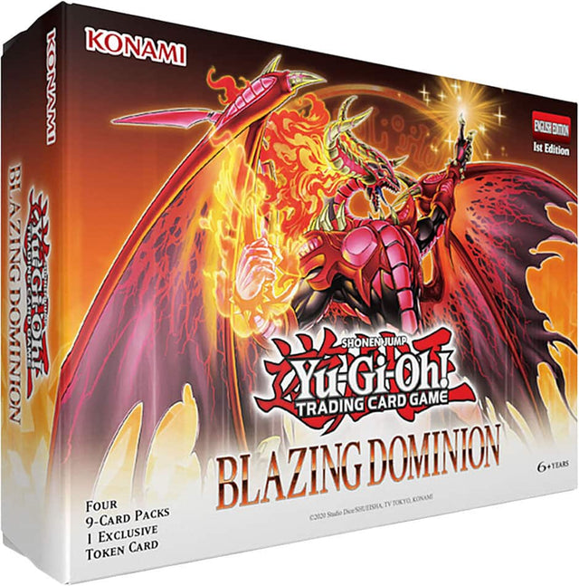 KONAMI  
SHONEN JUMP  
YuGiOh!  
TRADING CARD GAME  
BLAZING DOMINION  
1st Edition  
Four 9-Card Packs  
1 Exclusive Token Card  
6+ Years  
©2020 Studio Dice, Shueisha, TV Tokyo, Konami