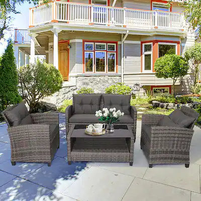 Gymax - 4PC Rattan Patio Conversation Set Cushioned Outdoor Furniture Set