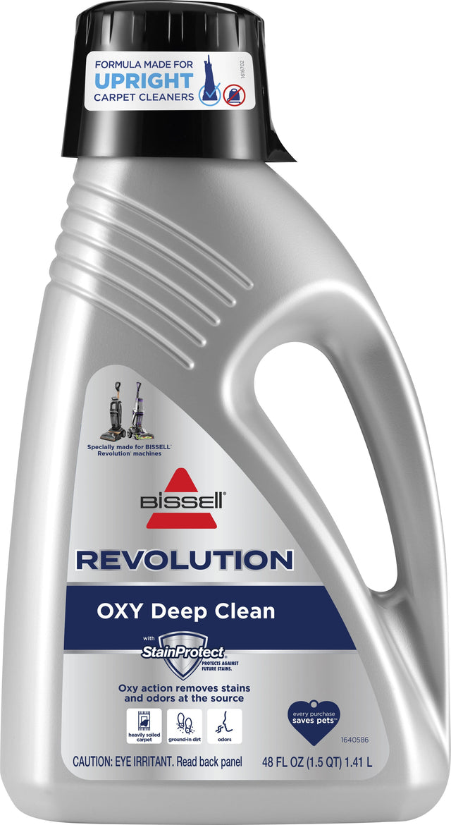 The text on the image reads: "BISSLE REVOLUTION OXY DEEP CLEAN with StainProtect. Protects future stains. Specially made for BISSELL Revolution machines. Removes stains and odors at the source. Heavily soiled carpet ground-in dirt odors. Every purchase saves pets. 1.41 L (48 FL OZ) 1.5 QT. CAUTION: EYE IRRITANT. Read back panel."
