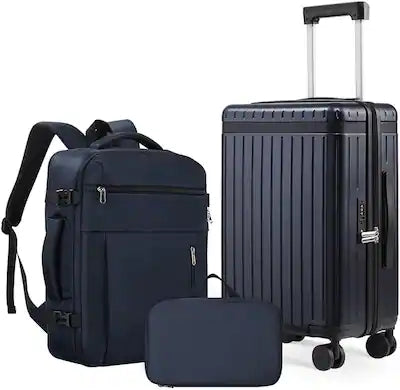 Quick Deer - 3 Piece Carry On Luggage Set with 20" Suitcase, 36L Travel Backpack with 180° Opening and Waterproof Toiletry Bag