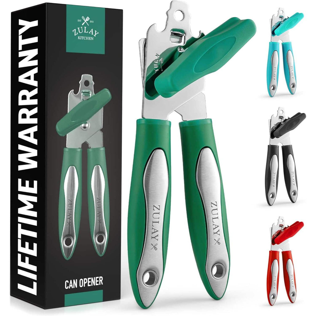 Zulay Kitchen - Manual Can Opener Smooth Edge Cut Stainless Steel Blades with Comfortable Grip Handle and Large Turn Knob - Dark Green