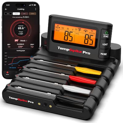 ThermoPro - TempSpike Pro WiFi Bluetooth Wireless Meat Thermometer with 4 Probes, Unlimited Range & Detachable Thin Probes