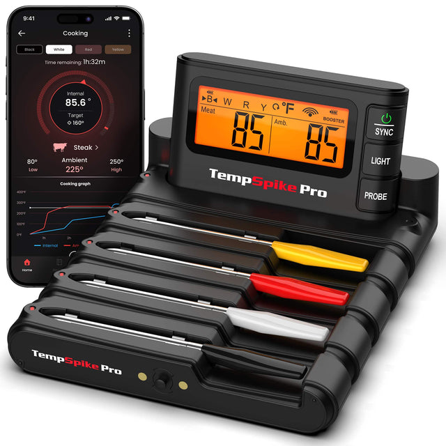 9:41 Cooking  
BNce White ia Yellow  
Time remaining: 1h:32m  
80 Low A0S 300  
Internal 85.6  
Target 60  
Steak  
Ambient 225  
Cooking graph 250  
High H B W R Y  
Meat e Amb.  
BOOSTER 85 85  
TempSpike Pro  
SYNC LIGHT PROBE 200 100PF DF  
- 3 internal  
Am noma  
TempSpike Pro