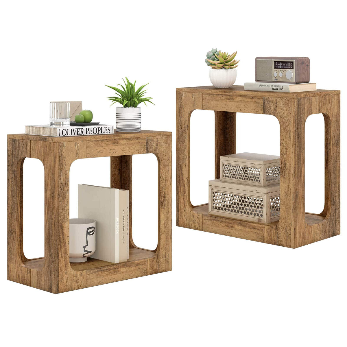 Costway - 2 PCS 2-Tier End Table with Storage Shelf Hollow-out Design for Living Room - Brown
