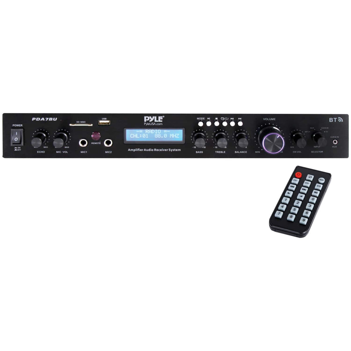 Pyle - 2.1-Channel 200-Watt-Max Bluetooth Stereo Amplifier/Receiver with 2 Mic Inputs, FM Radio, USB, microSD, Remote, PDA7BU - Black