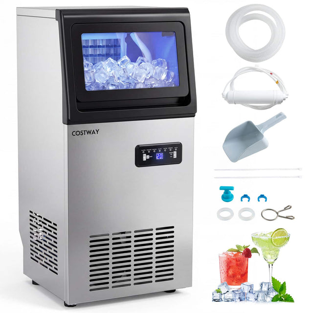 Front. Costway - Costway Commercial Ice Maker 110 lbs/24H, Stainless Steel Ice Machine with 25 lbs Capacity - Silver & Black.
