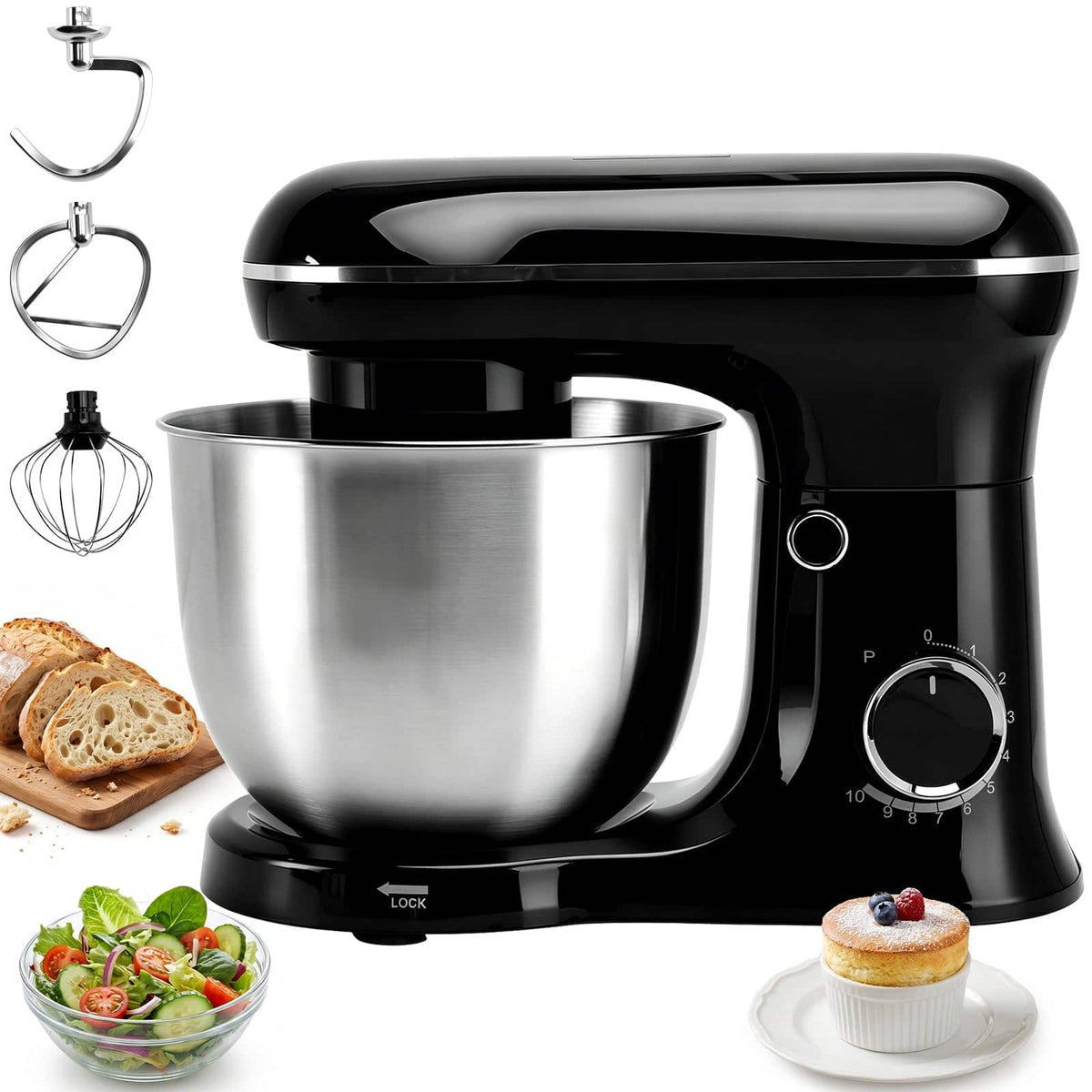 Topteng - 5.5Qt Stand Mixer with 10 Speeds - Pure Copper Motor, Tilt-Head, Includes Dough Hook, Beater & Whisk - Black