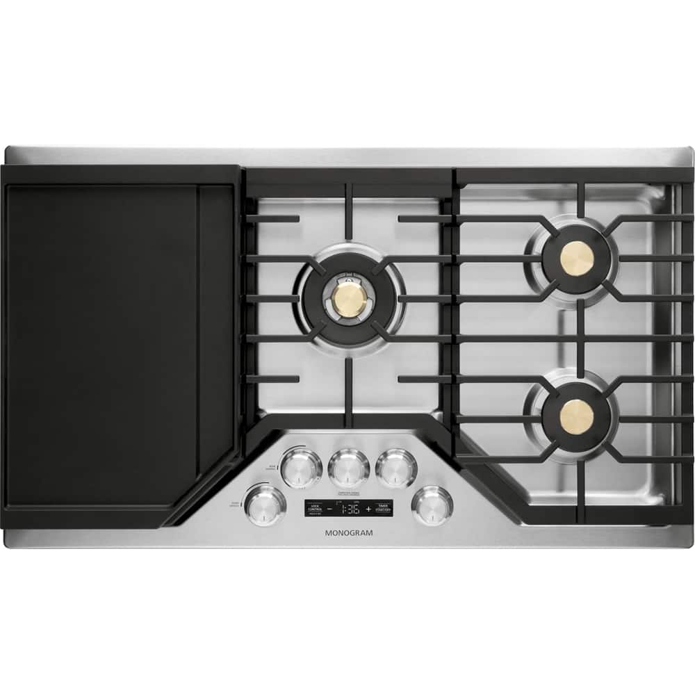 Monogram - 36 in. Wide 5 Burner Smart Built-In Gas Cooktop with Sapphire Glass Precision Knobs - Stainless Steel