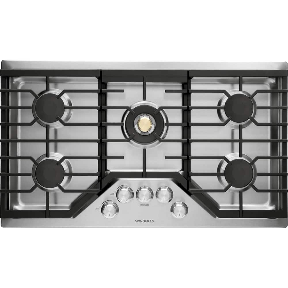 Monogram - 36 in. Wide 5 Burner Built-In Gas Cooktop with Sapphire Glass Precision Knobs - Stainless Steel
