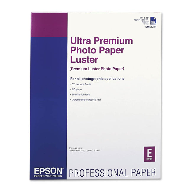 17 x 22" 432mm x 559mm 250g/m² 10 mil S042084 Ultra Premium Photo Paper Luster (Premium Luster Photo Paper) For all photographic applications "E" surface finish RC paper 10 mil thickness Durable photographic feel For use with Stylus Pro 3800/3800C/3850 3800 3800C 3850 E LUSTER EPSON PROFESSIONAL PAPER EXCEED YOUR VISION