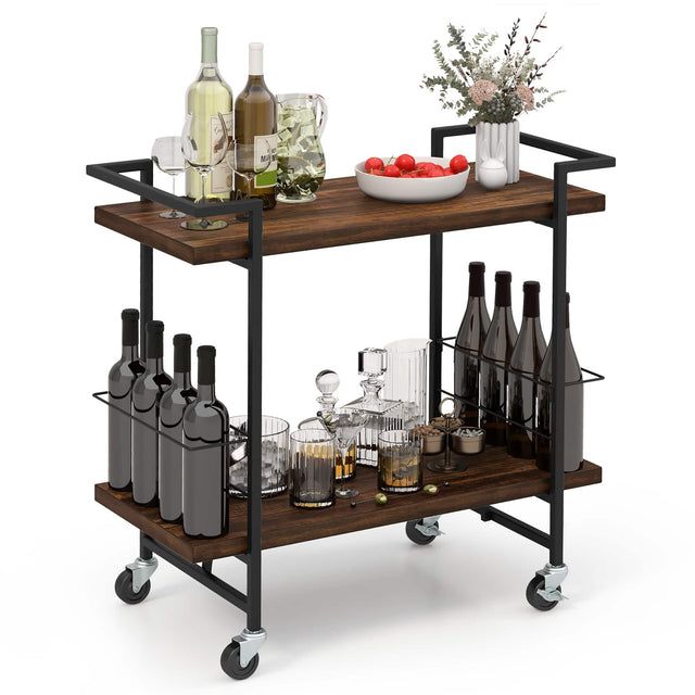 Front. Gymax - Gymax Home Bar Cart 2-tier Home Bar Cart w/ Lockable Wheels & Anti-fall Guardrail - Rustic Brown.