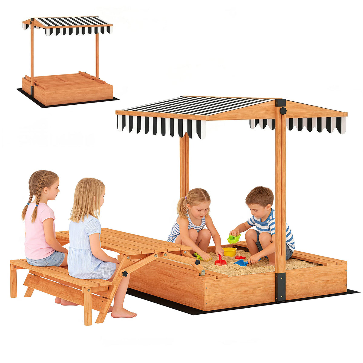 Qaba - Sandbox with Lid, Wooden Sand Pit with Canopy, Foldable Picnic Table, Bench Seats, Bottom Liner - Brown