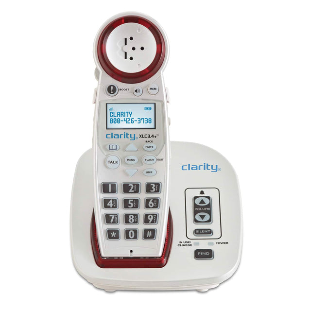 ! SOOST MEM all  CLARITY 800-426-3738 - clarity XLC3.4+" . BACK MUTE TALK MENU FLASH EXIT REUP clarity I 4 I 7 PORL 2 ABC 5 PEL 8 TUV 0 3 O- 6 HHO 9 I # VOLUME SILENT IN USE/CHARGE POWER FIND