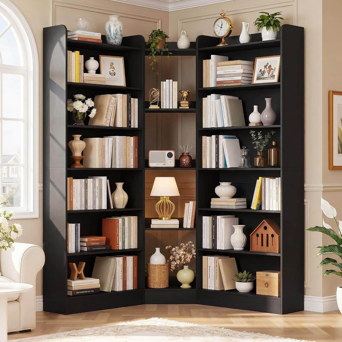Aheaplus - 71.3" Tall Corner Bookcase, 7 Tiers Freestanding L-Shaped Bookshelf for Home & Office - Black
