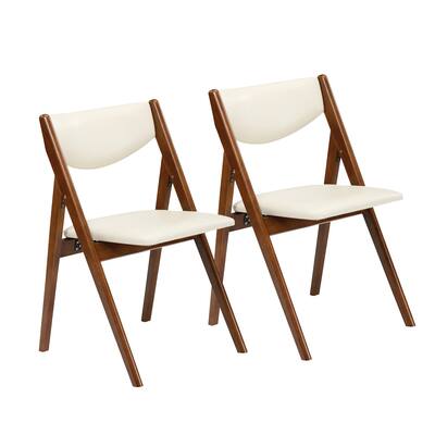 Stakmore - Retro Modern Upholstered Folding Chair, Fruitwood Frame with Off White Vinyl