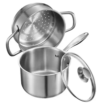 VEVOR - 2.5 QT Saucepan with Steamer, Stainless Steel Saucepan with Glass Lid, Multipurpose Nonstick Stainless Steel Sauce Pot